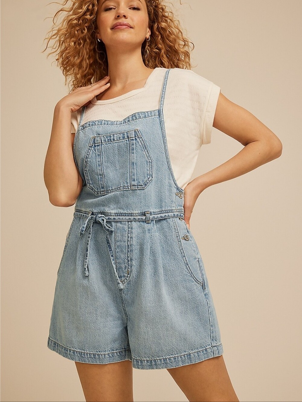 m jeans by maurices Soft Denim 3.5in Shortall Romper Overalls MEDIUM SANDBLAST L